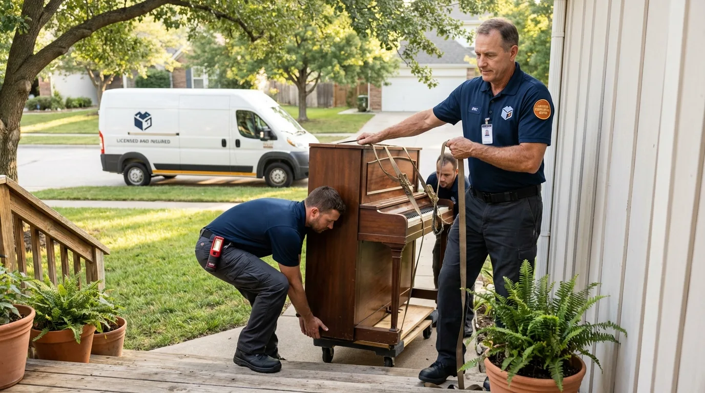 Licensed piano movers securing grand piano in Harrisville, RI