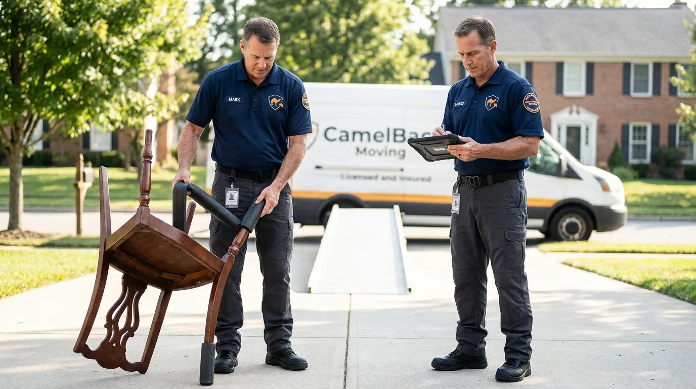 Movers inspecting furniture for damage prevention before loading in Harrisville, RI