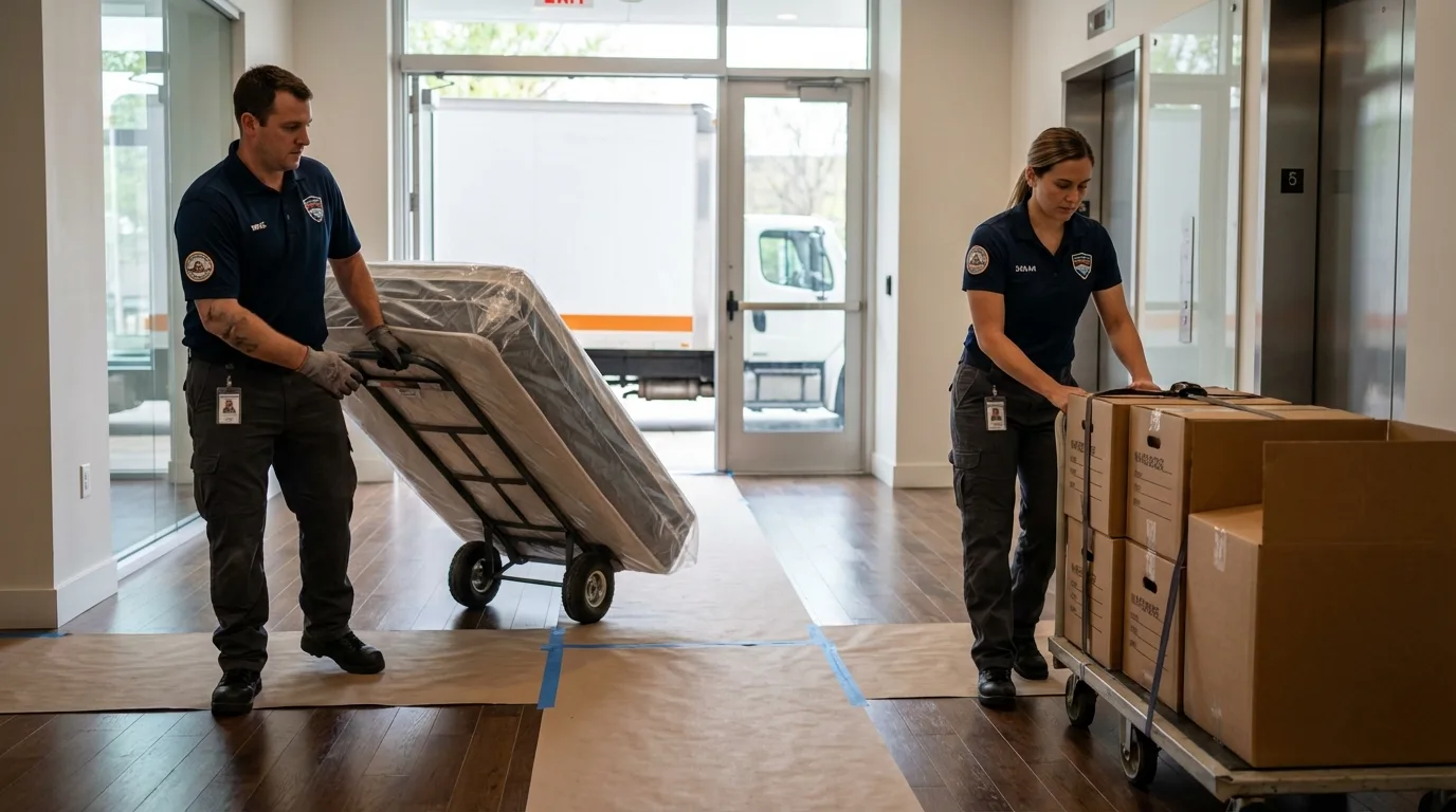 Professional apartment movers loading elevator in Harrisville, RI