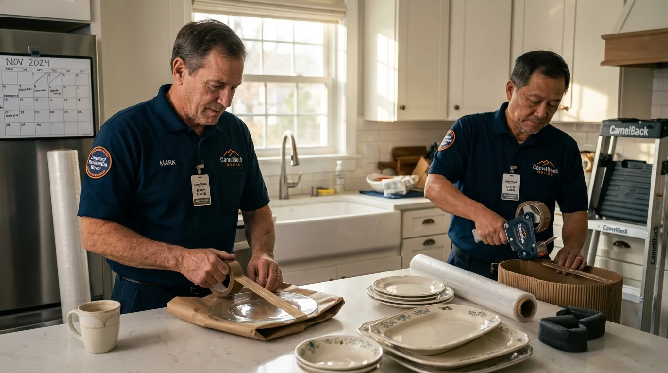 Professional crew packing kitchen dishware in Harrisville, RI